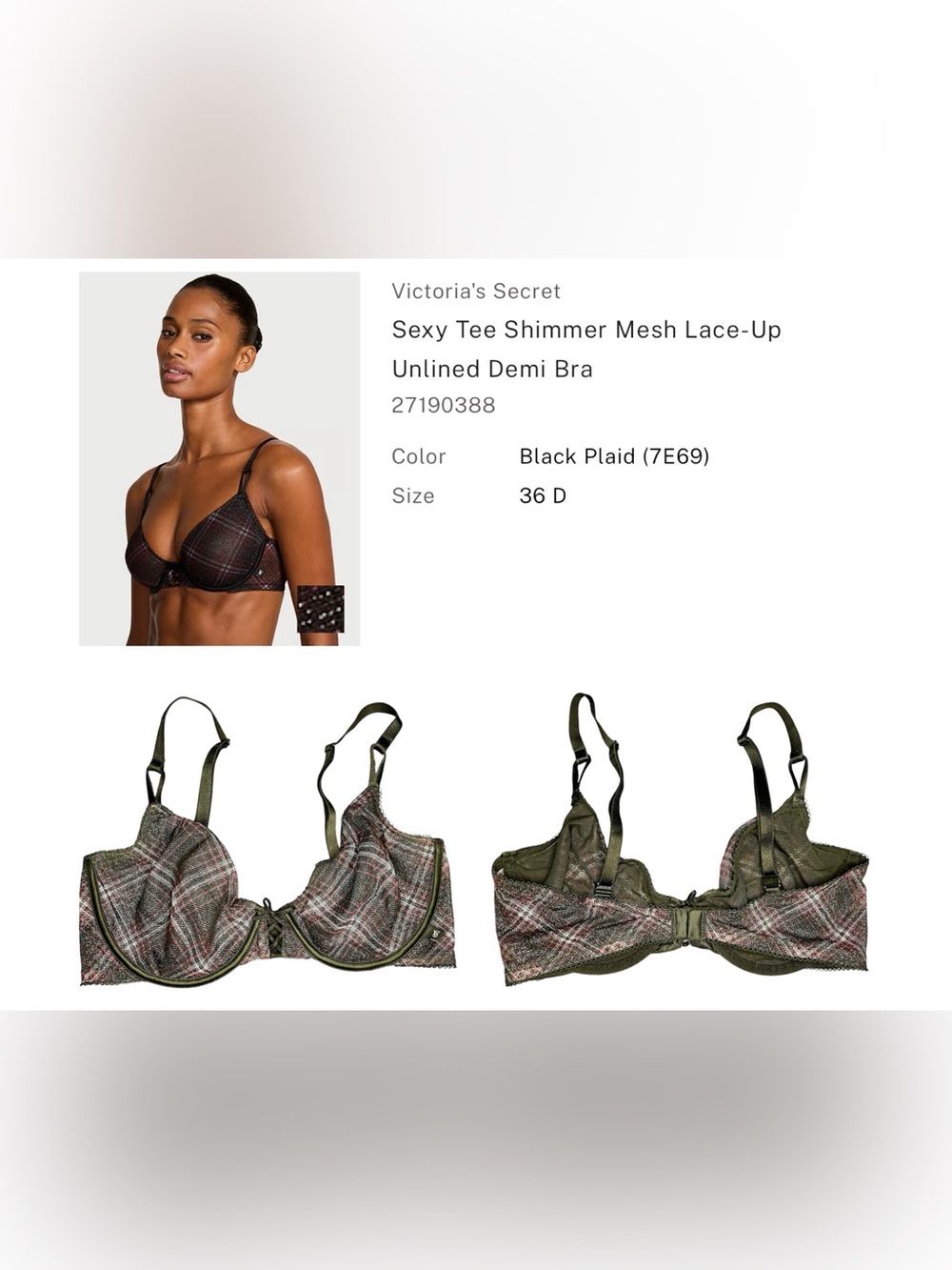 Victoria's Secret Black Plaid Shimmer Unlined Demi Bra - 36D